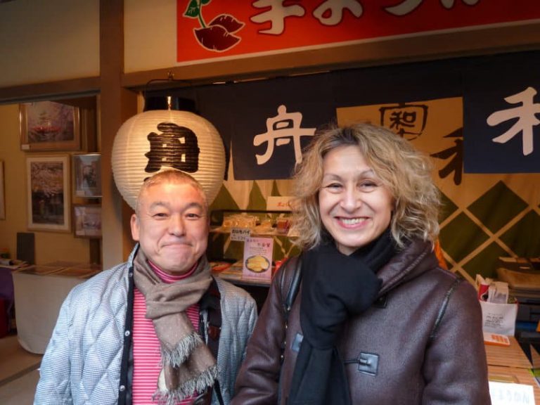 With Shichiko-san, a taikomochi or ‘drumbearer’, a sort of jester, and an important part of the Tokyo geisha world.