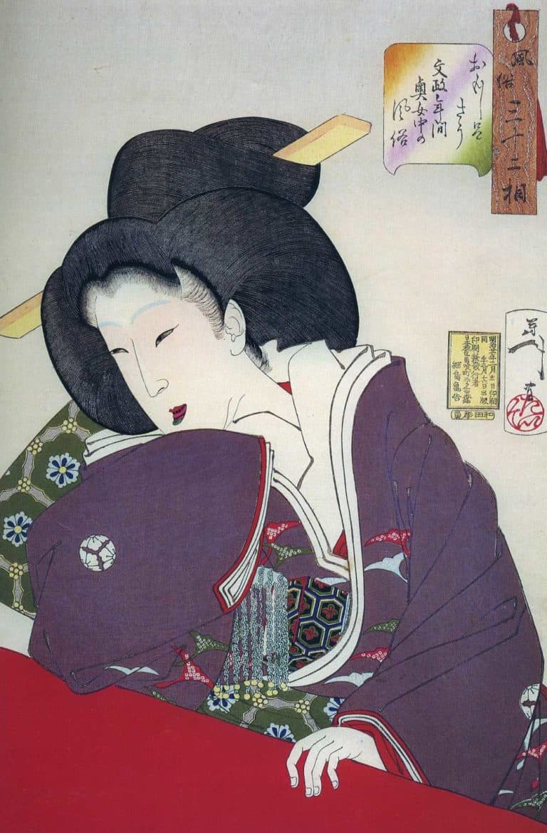 Court lady of the Women’s Palace with blackened teeth and iridescent green lipstick. Woodblock print by Yoshitoshi (1839 - 1892)